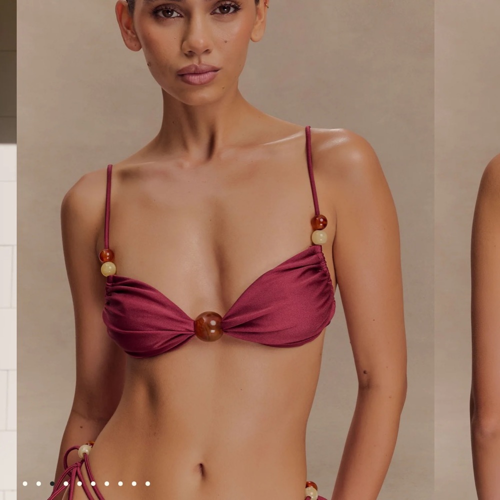 MESHKI Memphis Beaded Bikini Top in medium. Color wine